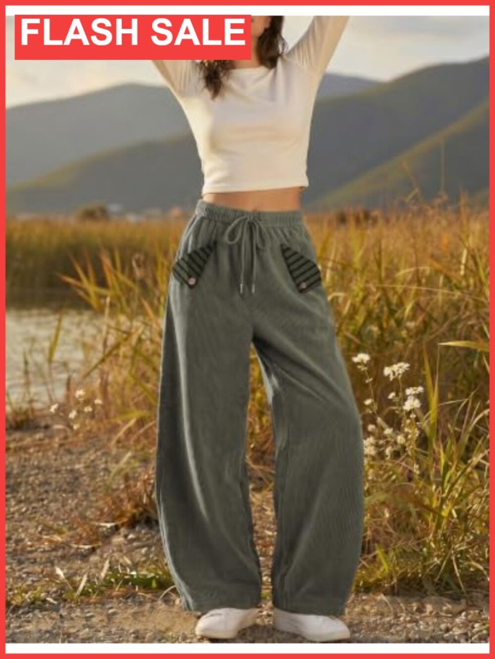 TARSE Corduroy Barrel Pants Striped Patch Pockets Drawstring Waist Baggy - Picture 4 of 6